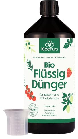 KleePura Bio Flüssigdünger, 1 Liter, Organischer NPK BioVolldünger (3,0-0,3-5,0) mit Algen- und Brennesselextrakt, für Balkon und Terrasse & alle Kübelpflanzen