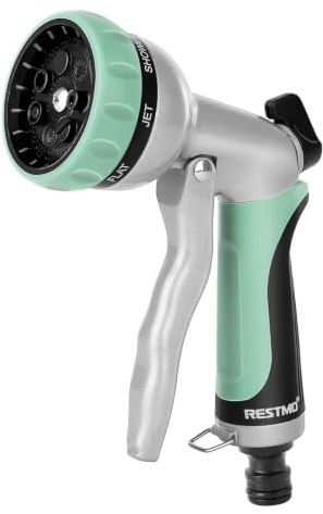 RESTMO Gartenbrause & Gartenspritze, Heavy Duty Metall Handbrause Garten | Gartenschlauch Spritze, 7-Funktionen Spritzdüse, Einstellbarer Wasserdurchfluss für Bewässerung, Autowaschen, Cyan
