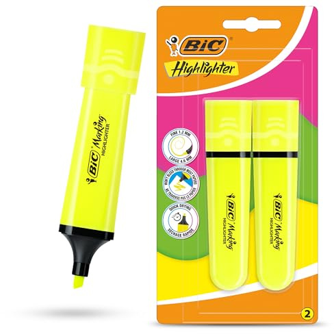 BIC Marking - Paquete de 2 marcadores de plástico con tinta amarilla neón fluorescente para notas suaves, resaltadores precisos, ideal para la escuela y la oficina