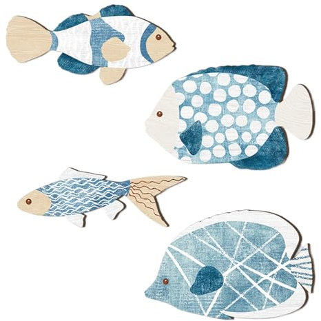 Scultura da parete a di pesce in legno, 4 pezzi, decorazione da parete, vintage, lago, spiaggia, ornamenti da appendere per interni ed esterni