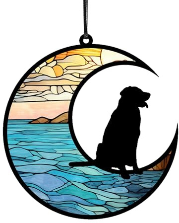4.7 Pet Memorial Gifts for Dogs, Personalized Dog Sympathy Gifts for Dog Lovers, Angel Dog Memorial Suncatcher, Pet Loss Sympathy Gift, Dog Passing Away Gifts with Black Dog Figurine on Moon