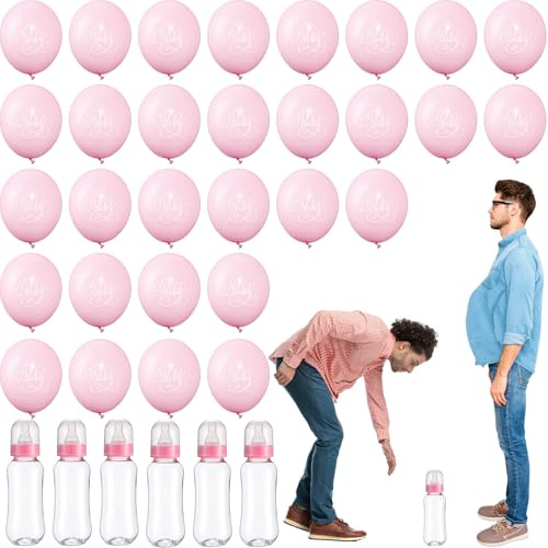 Honeydak 6 Sets Baby Shower Game Gender Reveal Party Favors Plastic Bottle Chug Baby Shower Grab Games Plastic Bottles Latex Balloons for Gender Reveal Games Supplies(Pink)