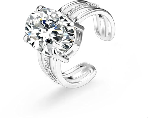 ALEXCRAFT Silver Zirconia Rings for Women, Hypoallergenic Open Wedding Ring | Adjustable Chunky Open Rings with Cubic Zirconia CZ Diamond Rings Large Wedding Anniversary Engagement Rings for Women Lady