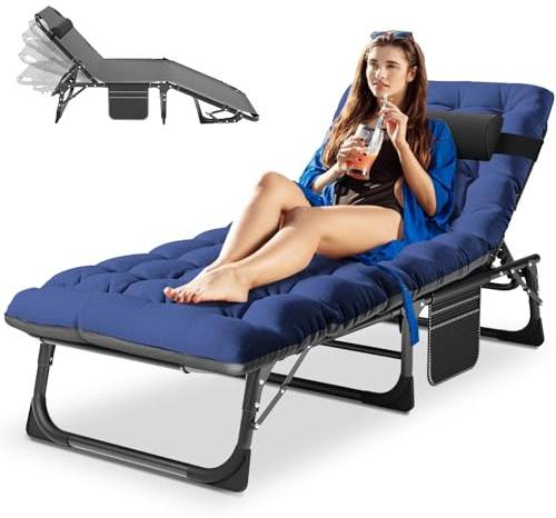 Meulbaty Liege Klappbar – 200 kg Tragkraft, Sonnenliege (Blaue Linter) | Klappbare Gästebett mit Matratze, Seitentaschen, verstellbarer Kopfstütze und Rückenlehne für Büro, Terrasse, Garten, Camping