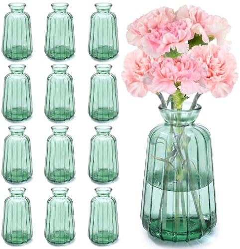 Mexgcom Kleine Glasvasen für Tischdeko, 12 Stück Kleine Glasvasen, Vintage Stil Deko Vasen Set, Mini Vasen für Tischdeko Hochzeit, Grün (12)