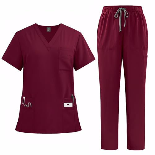 Meichoon Scrubs Set for Women Medical Uniform Set with V Neck Short Sleeve Top Straight Leg Pants 8 Pockets Stretchy Drawstring Moisture-Wicking DK77