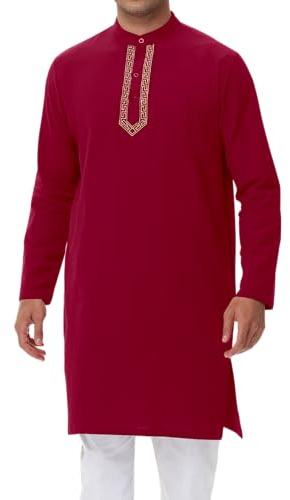 NANAMEEI kurta Uomo in Cotone e Lino Manica Lunga Tradizionale Tunica Indiana per Meditazione e Yoga, Rosso mattone, L