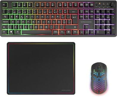 Mars Gaming MCPWX, Trådlös Gaming-Combo, DualPro Link 2.4GPRO-teknologi, Fullstorlek FRGB-tangentbord med Multimediakontroll + RGB 3200DPI-mus + Halkfri musmatta 360x260mm, Svart, Portugisiska