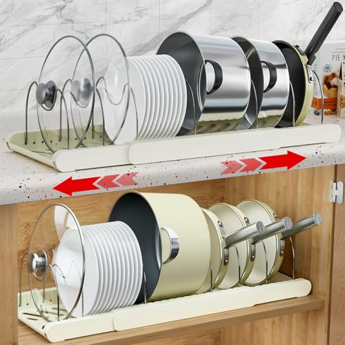VZZNN 2 Pack Pots and Pans Organizer Under Cabinet - Expandable Pot Lid Holder with Adjustable Dividers, Baking Tray & Pan Storage Rack for Kitchen Cabinets