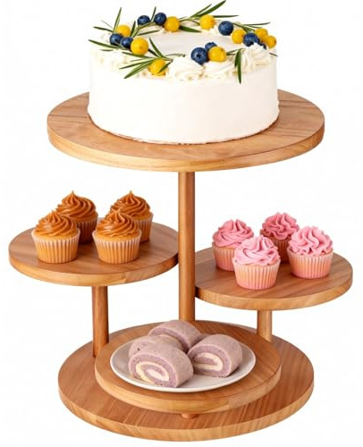 YOFAPA 4 Tier Wooden Cupcake Stand for Dessert, Cake, and Pastry Display, Paulownia Wood Tiered Tray, Rustic Burnt Color, 12.2 x 13.2 in Party Food Serving Platter