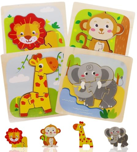 Wooden Toddler Puzzles, 4 Pcs Animal Wooden Jigsaw Puzzles for 1 2 3 Year Olds Early Eduactional Montessori Jigsaw Toys Brain Development Preschool Learning Toys for Kids Baby Boys Girls