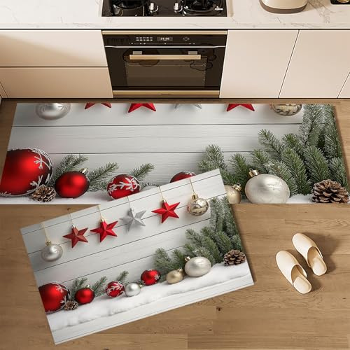 MLSOWM Küchenläufer 2 Stück, Küchenteppich Sterne Und Weihnachtskugeln Waschbar rutschfest Küchenmatten Saugfähig Weihnachtsdekorationen, Teppich Läufer Grau für Flur, Küche, Eingang