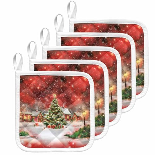 5 Pack Christmas Pot Holders for Kitchen Red View Christmas Tree Hut Light Golden Snowflakes Heat Insulation Potholder for Countertops Oven Pot Holder, Hot Pads for Cooking Baking Barbecue 8x8 inches