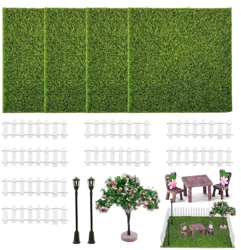 ZHITENG Accessoires de Jardin Miniatures 18 Pièces Comprend Clôtures Miniatures Gazon Artificiel Arbres Miniature Ensembles Table Chaises Miniature Lampadaires pour Maison Poupée DIY Miniature