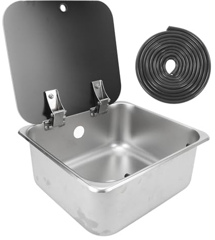 Évier de cuisine en acier inoxydable 304 avec couvercle en verre trempé, évier de camping-car de grande capacité de 15 L pour camion de nourriture, bateau, camping-car, 350 x 320