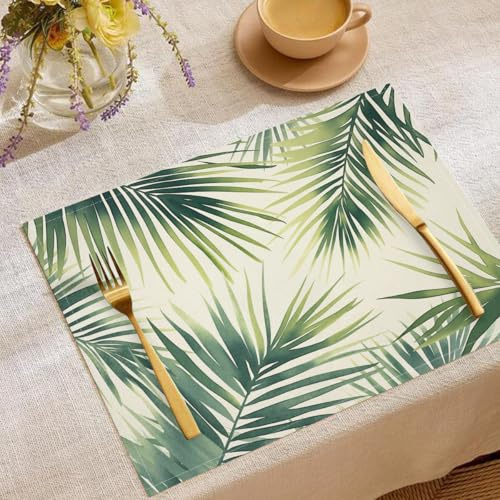 Tovagliette Palma Acquerello, Piante Della Natura Tropicale Sottopiatto Lavabili Cotone E Lino Tessuto Set di 8, Tovagliette Tavola Verde Americana per Tavolo Da Cucina, 45x30cm