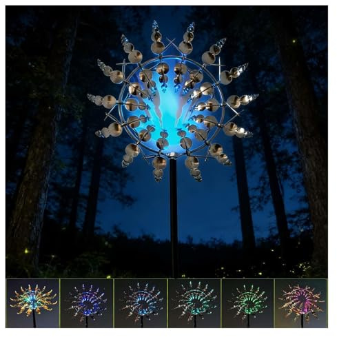 Solar Magic Windmill, Solar Windmill 360° Metal Windmills, 13.4 x 71in Wind Sculpture,Silver