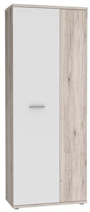 FORTE NET106 Schrank 70 180, Mehrzweckschrank klein, Staubsaugerschrank, Abstellraum, Drehtürenschrank, 2-türig mit Einlegeböden, Weiß mit Holzdekor: Sandeiche, 69 cm breit x 179 cm hoch x 35 cm tief