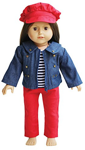 The New York Doll Collection 18 Zoll/46 cm Puppen Outfit - Denim Jacke mit gestreiftem T-Shirt Rote Hose, inklusive Hut - Passend für 18 Zoll/46 cm Puppen