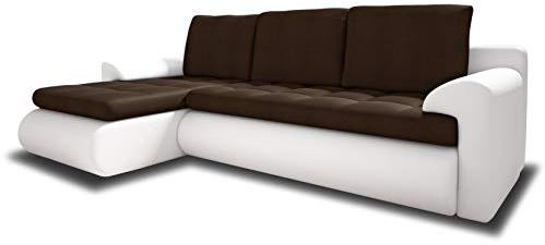 Sofnet Ecksofa Santi II mit schmutzabweisender Stoff - Couchgarnitur mit Schlaffunktion und Bettkasten, Couch, Polsterecke, Schlafsofa (Weiß + Braun (Madryt 120 + Trinity 08), Ecksofa Links)