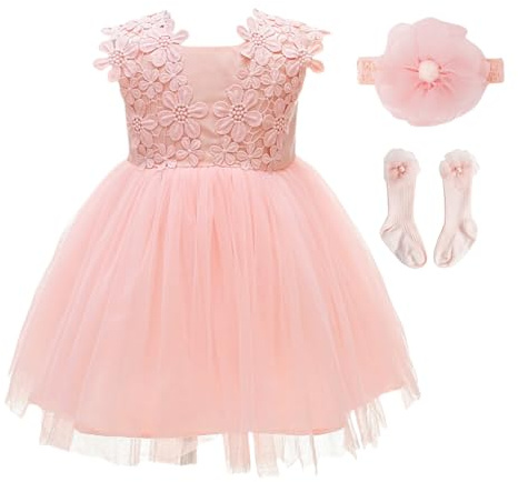 KRUIHAN Vestito di Pizzo per Neonata,Abito da Principessa Estivo in Tulle Traspirante per Battesimo,Compleanno,Matrimonio,Festa,con Fascia,Calzini e Confezione Regalo,12M