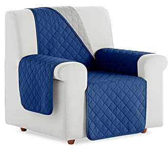 S & T Funda Sillon Relax Funda Sofa 1 Plaza Azul - Funda Sillon Orejero - Protector Sillon Relax Acolchado y Reversible Antiácaros Cubre Sillon 100% Poliéster Fabricado en España