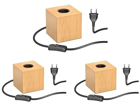 ledscom.de 3x Tischlampe HITO, Schalter, Echtholz (Gummibaum), quadratisch, hellbraun, 1x E27 max. 60W