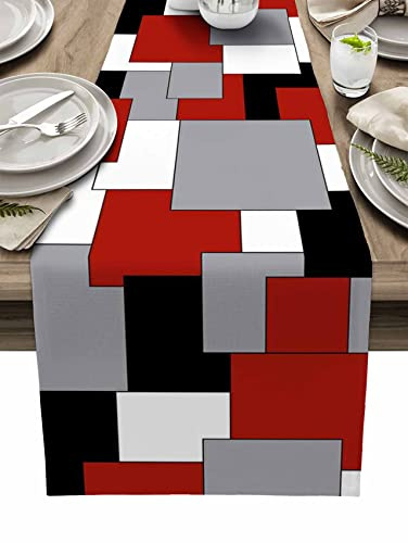 Runner da tavola irregolare in cotone e lino, per comò, sciarpe, bianco, grigio, nero, rosso, geometrico, geometrico, per tavolo da pranzo, decorazione per la cucina della fattoria, decorazione per