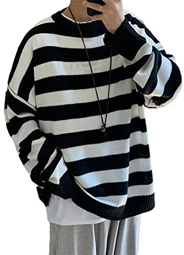 Minetom Pull Homme À Manche Longue Tricots Top Pullover À Rayures Col Rond Sweater Oversize Harajuku Pull Couple A Noir L