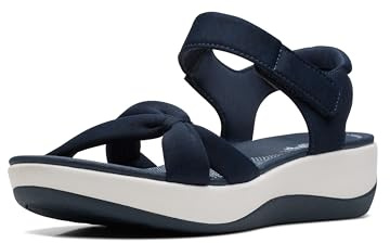 Clarks Women's Arla Shore Flat Sandal, Navy Textile, 8.5