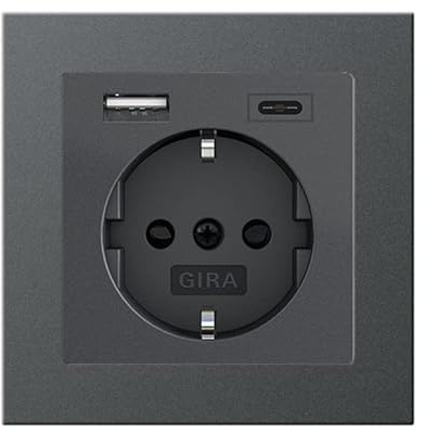 Gira Komplett Set 245928 Schuko Steckdose USB-Anschluss Shutter Berührungsschutz Typ A (max.2,4A) Typ C (max.3A) 021123 1-fach Rahmen E2 Anthrazit UP Unterputz Wandsteckdose Smartphone Tablet