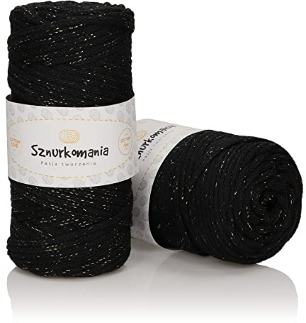Cordoncino in cotone glitterato da 5 mm, 90 metri, 100 m, cordoncino intrecciato con filo metallico, per uncinetto, corda lucida, macramè, filato macramè (nero con filo oro)