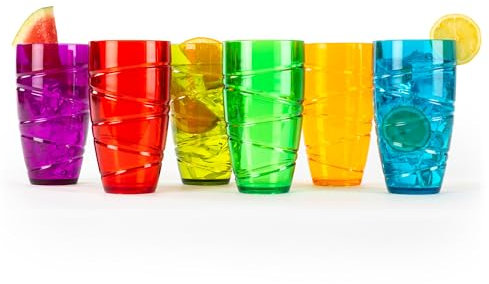LIVIVO Set of 6 Hi Ball Plastic Acrylic Drink Tumblers with Swirl Design - Stackable Glasses Great for Picnics, BBQ’s, Poolside, Camping, Children’s Parties or Just Everyday Use (Set of 6, Colour)