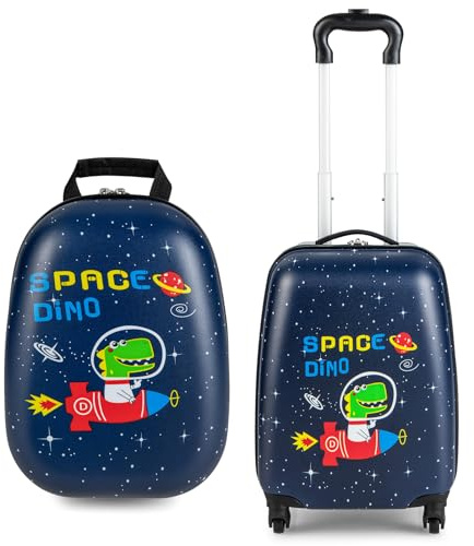 GOPLUS Kinderkoffer mit Rucksack, Kids Trolley, Kindergepäck mit Rollen, Reisekoffer mit Teleskopgriff, Hartschalenkoffer für Kinder, Kindertrolley Farbwahl (Weltraum-Dinosaurier, 12+16)