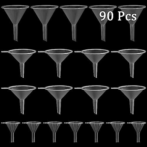 HAKZEON Juego de 90 embudos de plástico transparente, 3 tamaños surtidos, embudos pequeños para rellenar mini botellas, uso de viaje, 39 mm/55 mm/73 mm