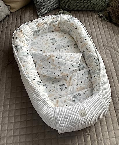 LOOLAY WEIß Waffelpique/HASE Beige-Weiß Babynest Babyaustattung Neugeborene Baby Unterlage Reisebett Nestchen Solo/o. in Premium Geschenk Sets (Nestchen + MATRATZE (Ersatzboden))
