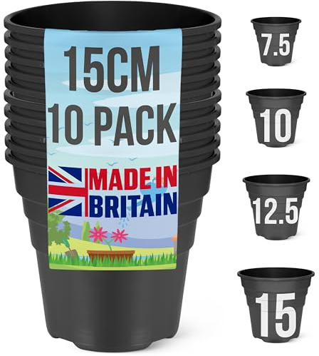 Happy Pots - 15cm Gloss Black - Pack of 10 Premium Plastic Plant Pots - Reusable Flower Pots for Indoor/Outdoor Home Décor Gardening - Round, Heavy Duty, UV Resistant, Recyclable - Made in UK