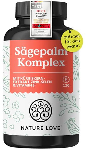 Nature Love Sägepalm Komplex - 120 Kapseln - Sägepalmextrakt, Kürbiskernextrakt, Brennnesselextrakt, Zink, Selen & Vitamin E - Sägepalme (Saw Palmetto) mit 5% Phytosterolen - 2 Monatsvorrat - vegan