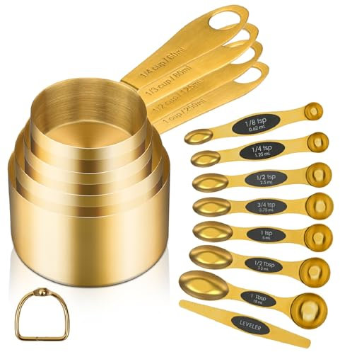 Cuteefun Gold Magnetische Messlöffel und Messbecher 12er Set, 8 Doppelseitige Magnetische Messlöffel mit Wasserwaage, 4 Premium Edelstahl Messbecher, Messen für Trockene und Flüssige Zutaten
