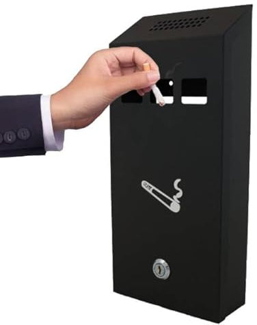 DWD ® Premium Wall Mounted Ashtray Smoking Cigarette Steel Bin Ashtray Lockable With Keys Approved Outdoor Use Black, Smoking Shelter H 32cm x W 15cm X D 6cm)