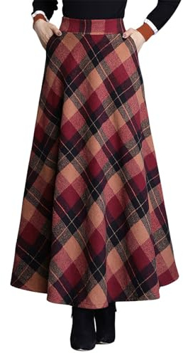 Leyoutx Faldas largas plisadas de lana cálida de invierno para mujer, de cintura alta, acampanadas, con bolsillos, Rojo -, Large
