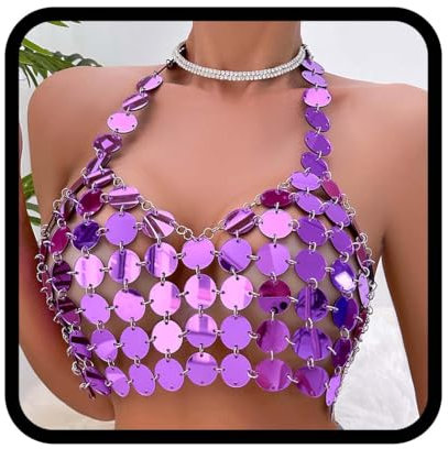 Flovel Pailletten Körperkette für Damen Lila Neckholder Bikini Kette Sexy Brustkette Glitzernde Rave Outfit Nachtclub Party Körperschmuck