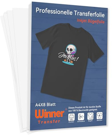 WinnerTransfer Pellicola di trasferimento professionale a getto d'inchiostro per tessuti scuri A4X8 Foglio per magliette scure, carta da trasferimento, carta da stiro, pellicole tessili (D-WT-3-8)