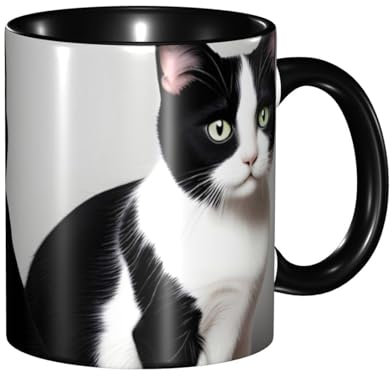 YYHHAOFA Tazza in ceramica nera adatta per cappuccino, latte, cereali, yogurt, latte, bevande calde o fredde, forno a microonde con stampe di gatti bianchi e neri