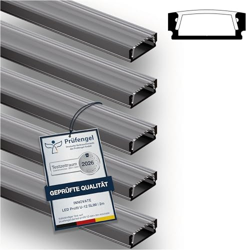 INNOVATE U-12 SLIM LED Profil 2m Schwarz 5er-Set 17x6mm Diffusor Klar | Aluprofil für LED Streifen 2m 12mm I Kühlkörper Indirekte Beleuchtung Wohnzimmer I Alu U Profil Indirekte Beleuchtung Decke