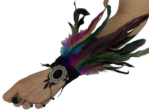 DyLyz Gothic Lolita Manschettenspitze Feder Fingerlose Handschuhe Bunte ausgehöhlte Blumen Haken Fingerhandschuhe Kette Strass Handgelenk Manschetten Ärmel für Halloween Cosplay Maskerade P