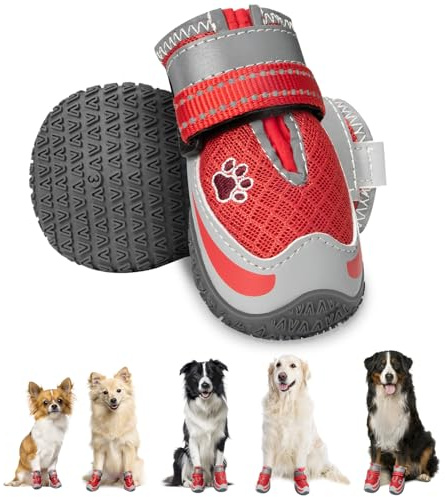 Eyein 2 Stück Hundeschuhe, Masche Atmungsaktiv Hundeschuhe Pfotenschutz mit Rutschfester Sohle für heiße Sommerböden, Reflektierende Hundeschuhe für nächtliche Spaziergänge im Freien (Rot, Größe 6)