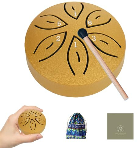 TINGSING Regentrommel für Außengarten, 7,6 cm, 6 Töne, Stahlzungentromm | Regenspiel Handpan mit Stofftasche, Schlägel, Musikbuch, Musikinstrument für Erwachsene, Geschenk, Gold