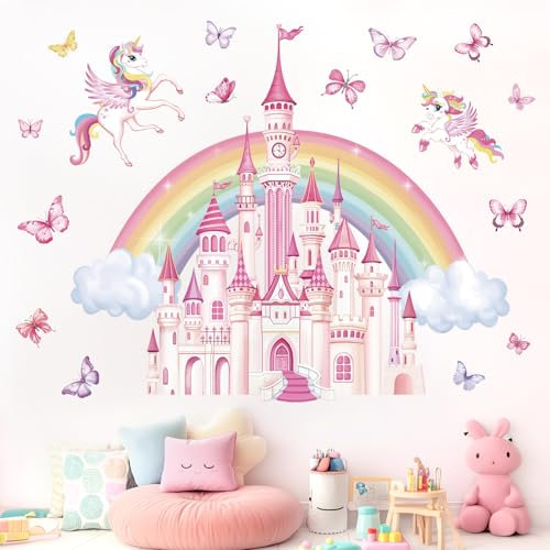 wondever Adesivi Murali Arcobaleno Castello Grand Sticker da Muro Bambini Unicorno Farfalla Adesivi da Parete per Camere Ragazze Asilo Nido Camerette Bambini