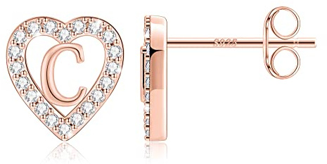 TINGN Pendientes con letra para niña, chapados en oro de 14 quilates, pendientes de corazón para niños, pendientes sin níquel, pendientes con circonitas, regalos para niñas y mujeres, Latón Plata de